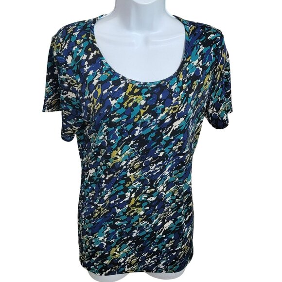 Travel Smith Top, Women S, Blue, Tan, Black Abstract Print, SS, Polyester, EUC - Picture 3 of 12